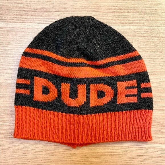 The Childrens Place Knit Hat Kids Size S M Orange Gray DUDE Beanie - Picture 4 of 6